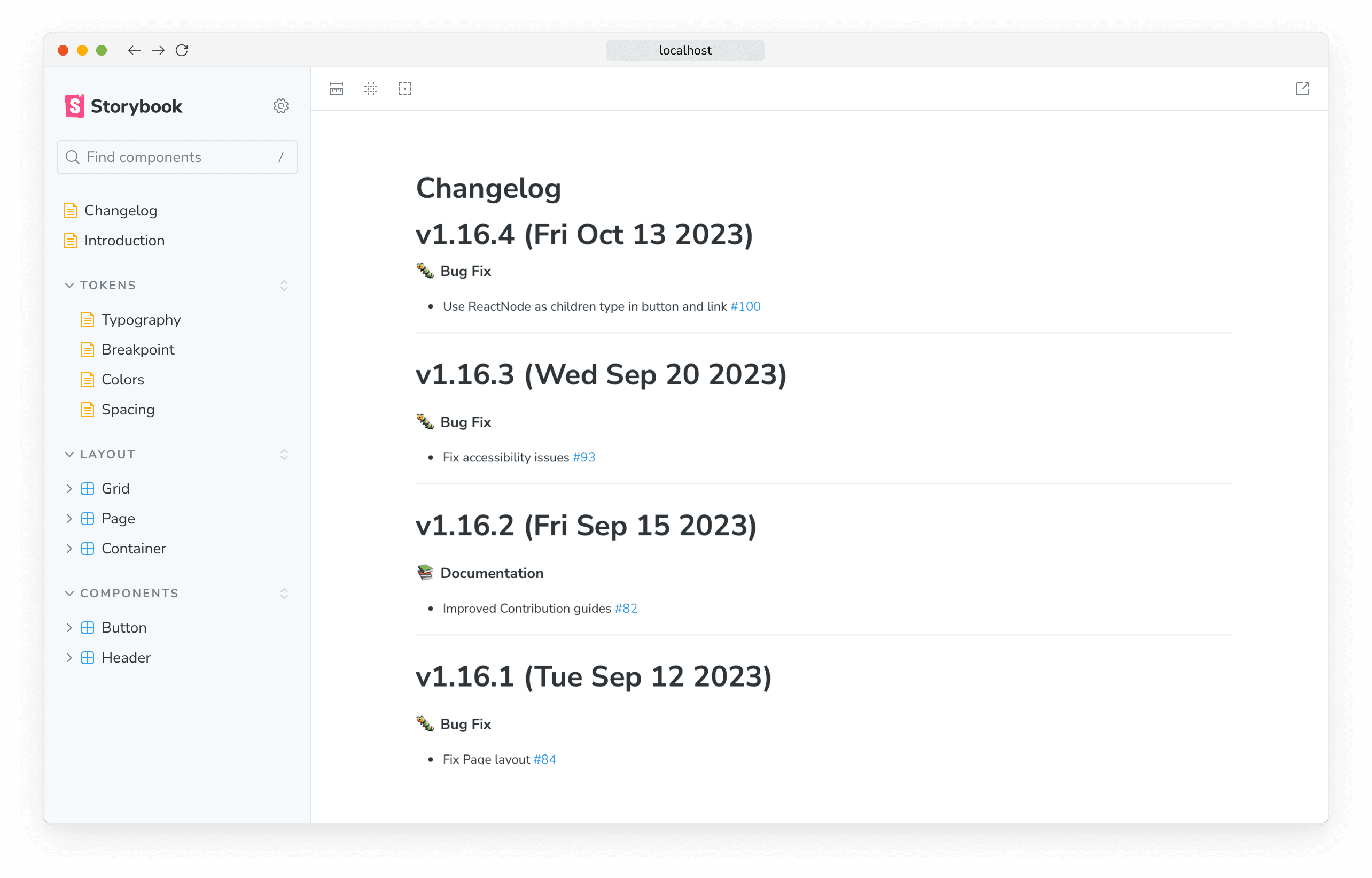 Changelog markdown in an MDX story